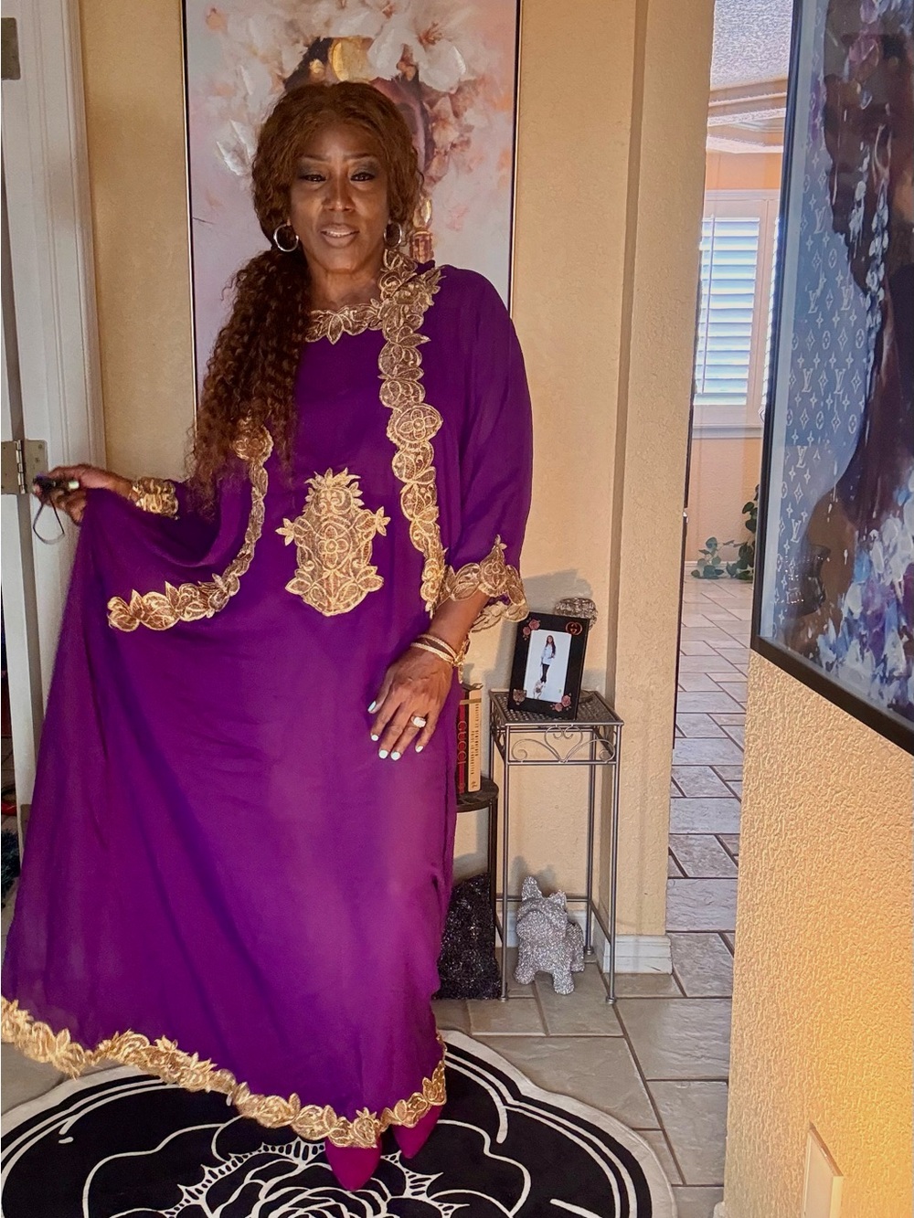 Purple Maxi Kaftan Dress with Gold Embroidered Accents - Picture 10 of 11